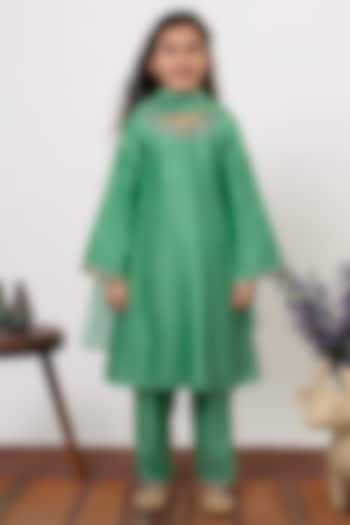 Green Chanderi Silk Embroidered A-line Kurta Set For Girls by Boteh