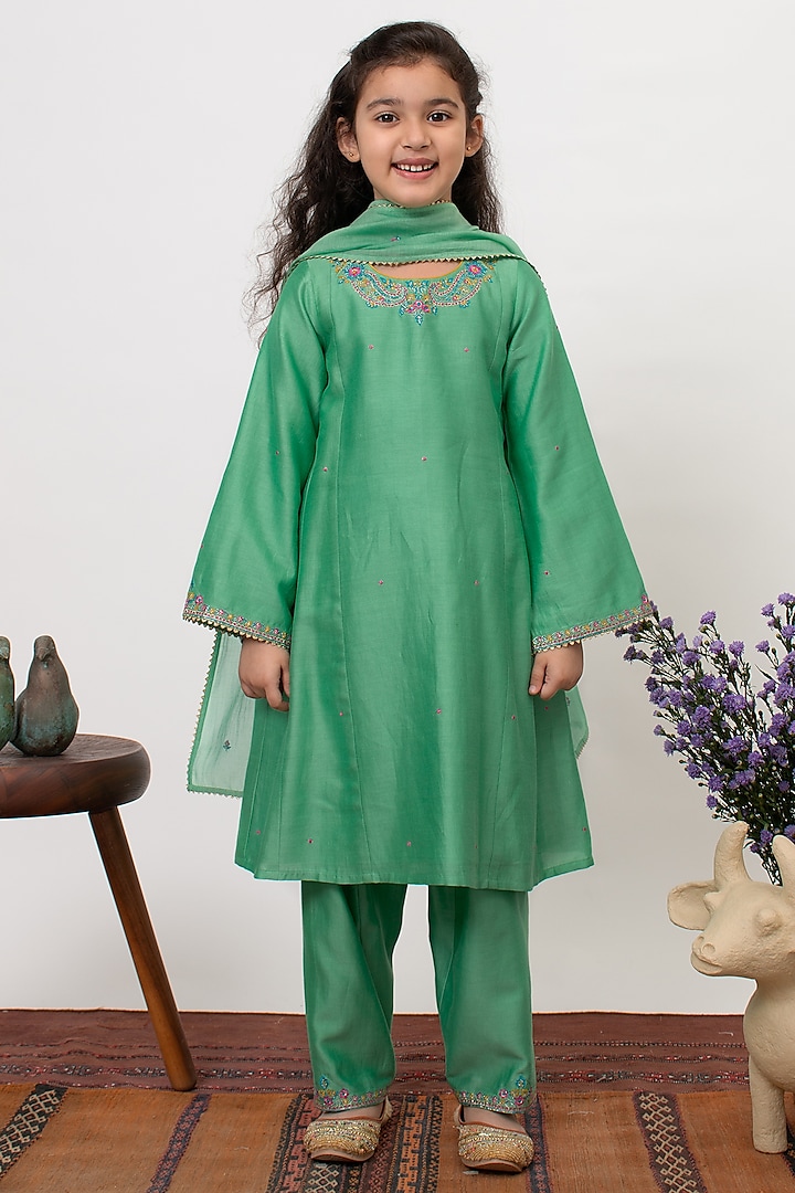 Green Chanderi Silk Embroidered A-line Kurta Set For Girls by Boteh