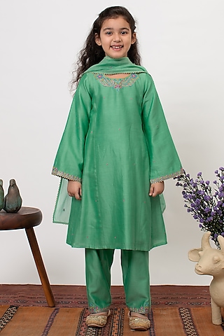 Green Chanderi Silk Embroidered A-line Kurta Set For Girls by Boteh
