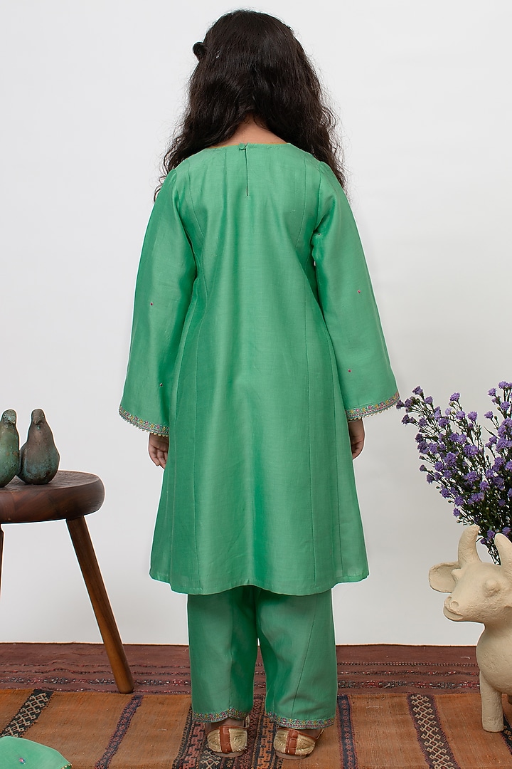 Green Chanderi Silk Embroidered A-line Kurta Set For Girls by Boteh at Pernia's Pop Up Shop
