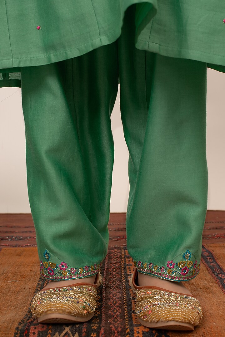 Green Chanderi Silk Embroidered A-line Kurta Set For Girls by Boteh at Pernia's Pop Up Shop
