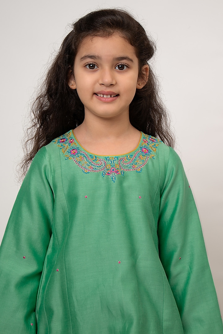 Green Chanderi Silk Embroidered A-line Kurta Set For Girls by Boteh at Pernia's Pop Up Shop