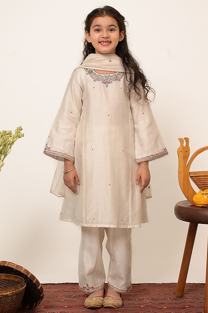 Ivory Chanderi Silk Embroidered A-line Kurta Set For Girls by Boteh