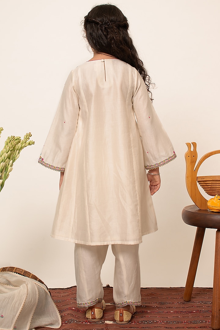 Ivory Chanderi Silk Embroidered A-line Kurta Set For Girls by Boteh at Pernia's Pop Up Shop