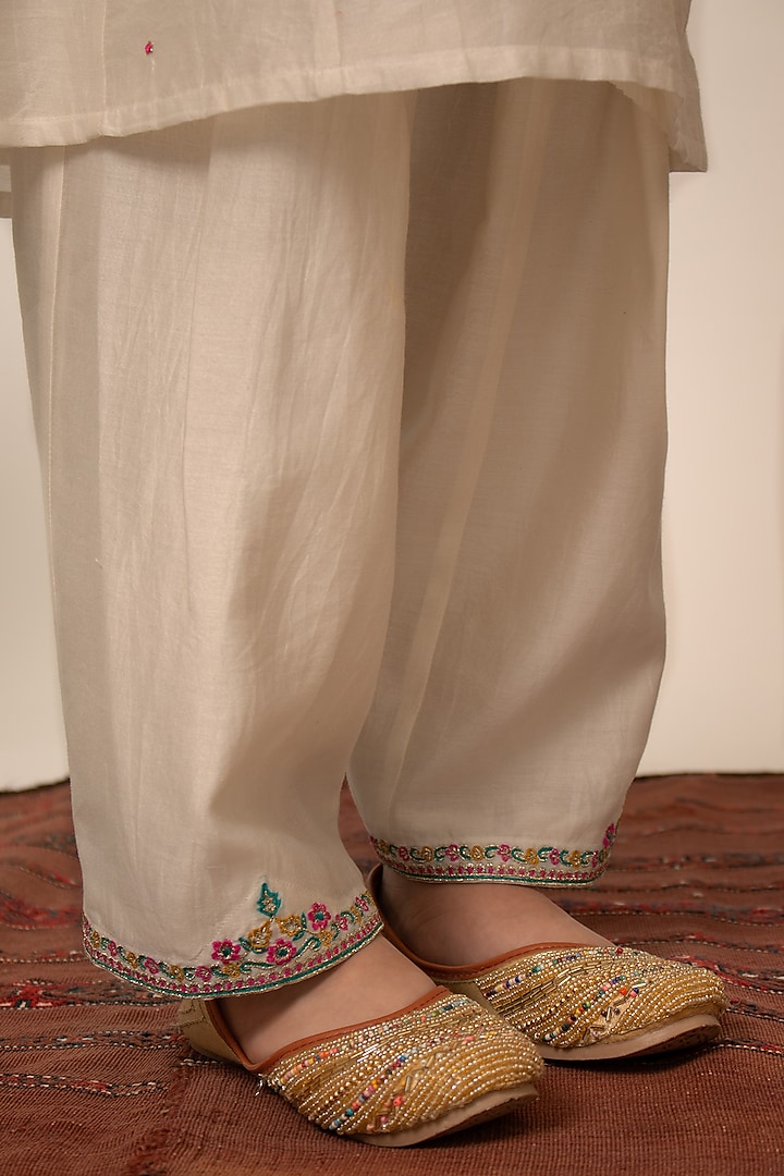 Ivory Chanderi Silk Embroidered A-line Kurta Set For Girls by Boteh at Pernia's Pop Up Shop