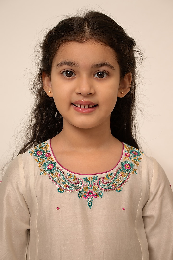 Ivory Chanderi Silk Embroidered A-line Kurta Set For Girls by Boteh at Pernia's Pop Up Shop