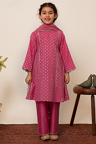 Pink Chanderi Silk A-line Kalidar Kurta Set For Girls by Boteh