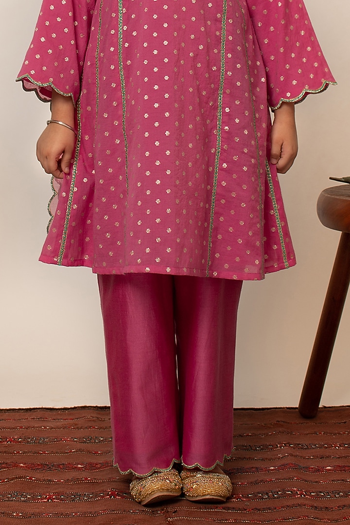 Pink Chanderi Silk A-line Kalidar Kurta Set For Girls by Boteh at Pernia's Pop Up Shop