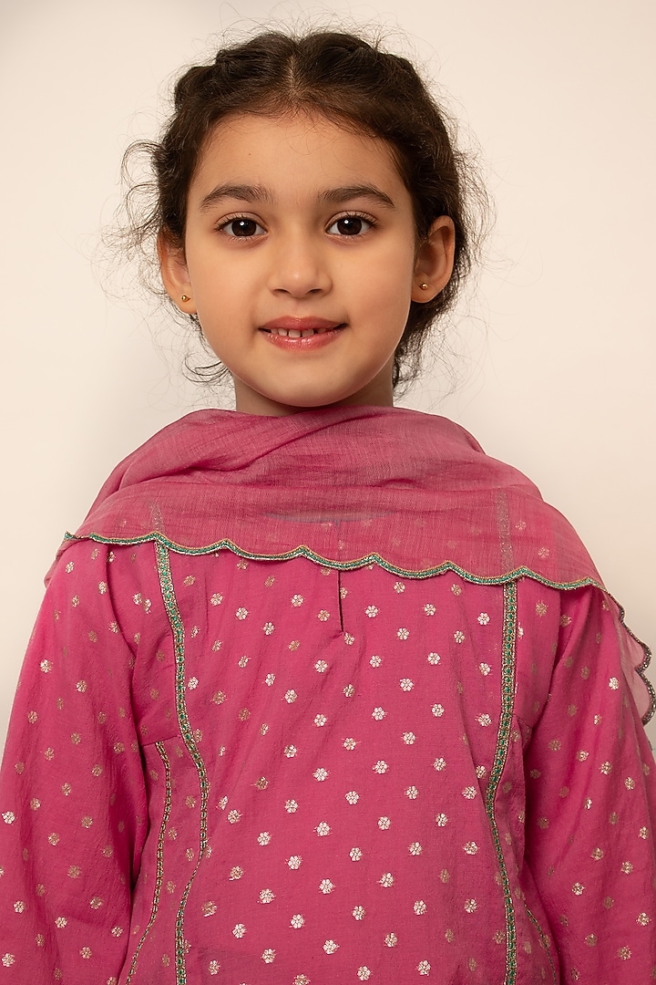 Pink Chanderi Silk A-line Kalidar Kurta Set For Girls by Boteh at Pernia's Pop Up Shop