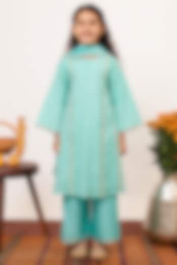 Blue Chanderi Silk A-line Kalidar Kurta Set For Girls by Boteh