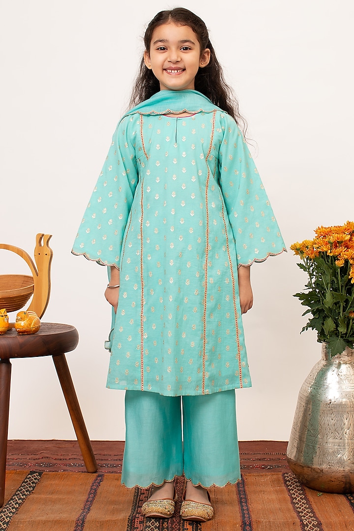 Blue Chanderi Silk A-line Kalidar Kurta Set For Girls by Boteh