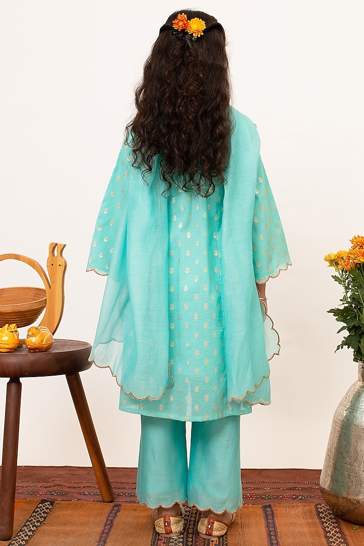 Blue Chanderi Silk A-line Kalidar Kurta Set For Girls by Boteh at Pernia's Pop Up Shop