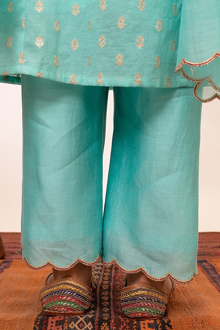 Blue Chanderi Silk A-line Kalidar Kurta Set For Girls by Boteh at Pernia's Pop Up Shop