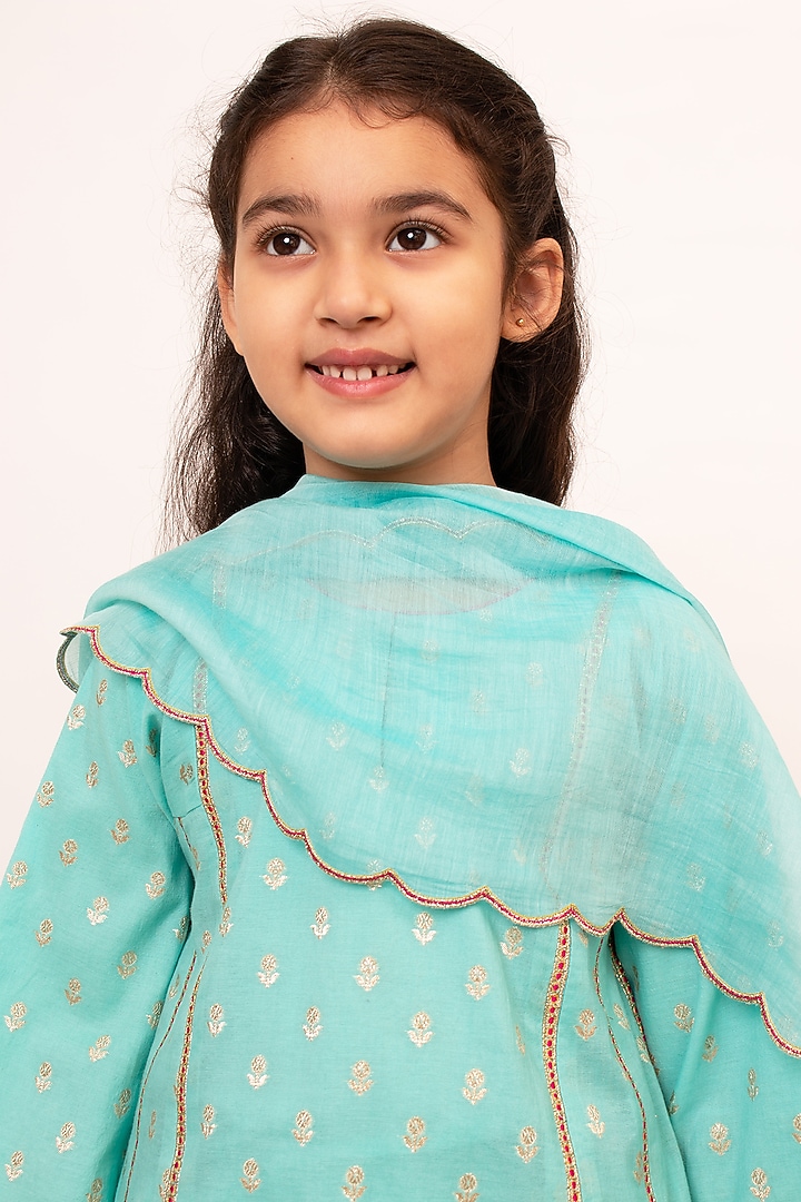 Blue Chanderi Silk A-line Kalidar Kurta Set For Girls by Boteh at Pernia's Pop Up Shop