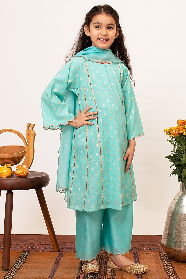 Blue Chanderi Silk A-line Kalidar Kurta Set For Girls by Boteh at Pernia's Pop Up Shop