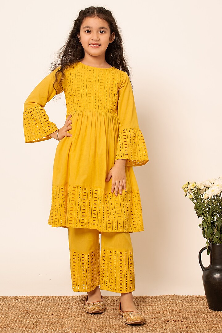 Yellow Cotton Cutwork Embroidered Kurta Set For Girls by Boteh