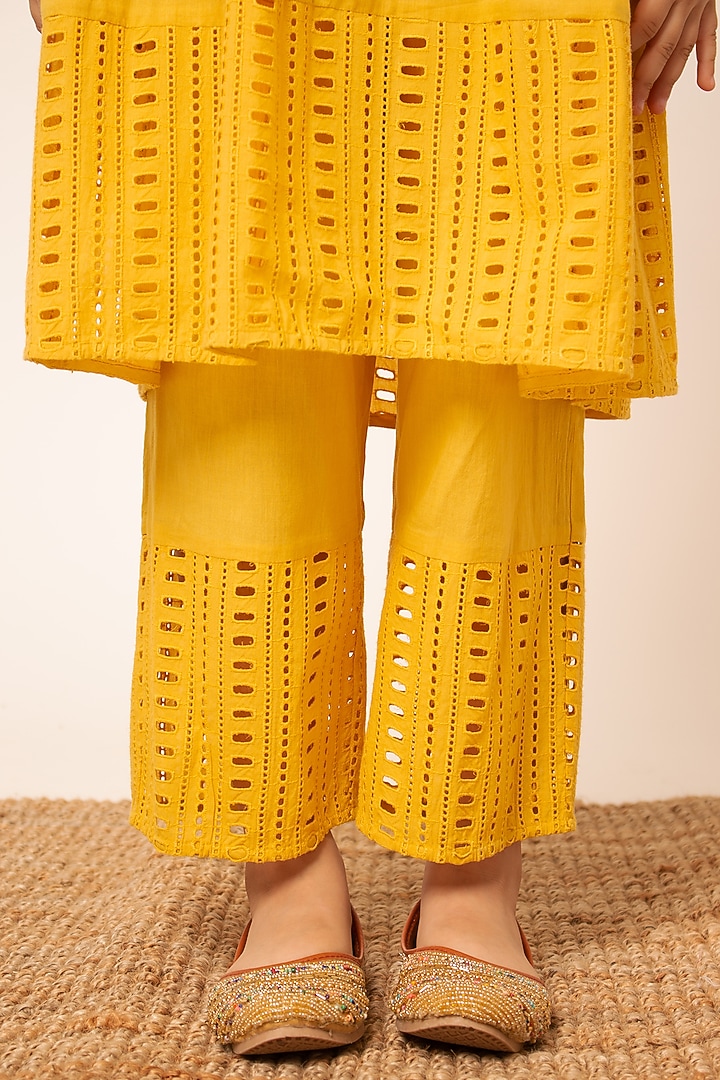 Yellow Cotton Cutwork Embroidered Kurta Set For Girls by Boteh at Pernia's Pop Up Shop