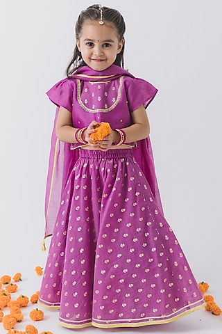Purple Chanderi Silk Embroidered Lehenga Set For Girls by Boteh