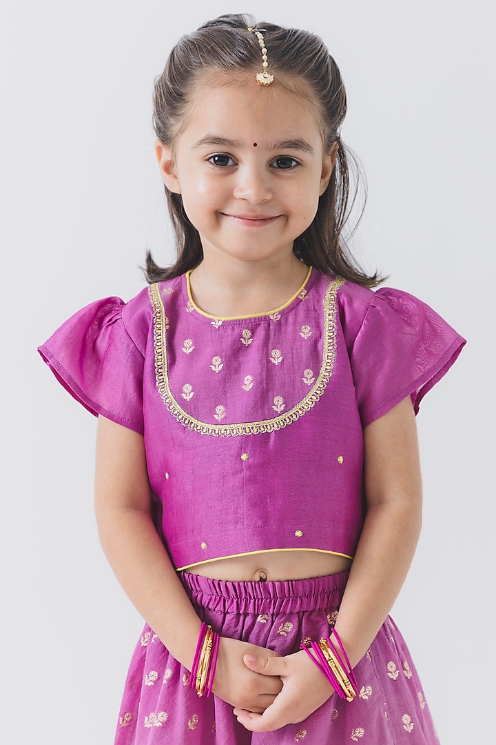 Purple Chanderi Silk Embroidered Lehenga Set For Girls by Boteh at Pernia's Pop Up Shop