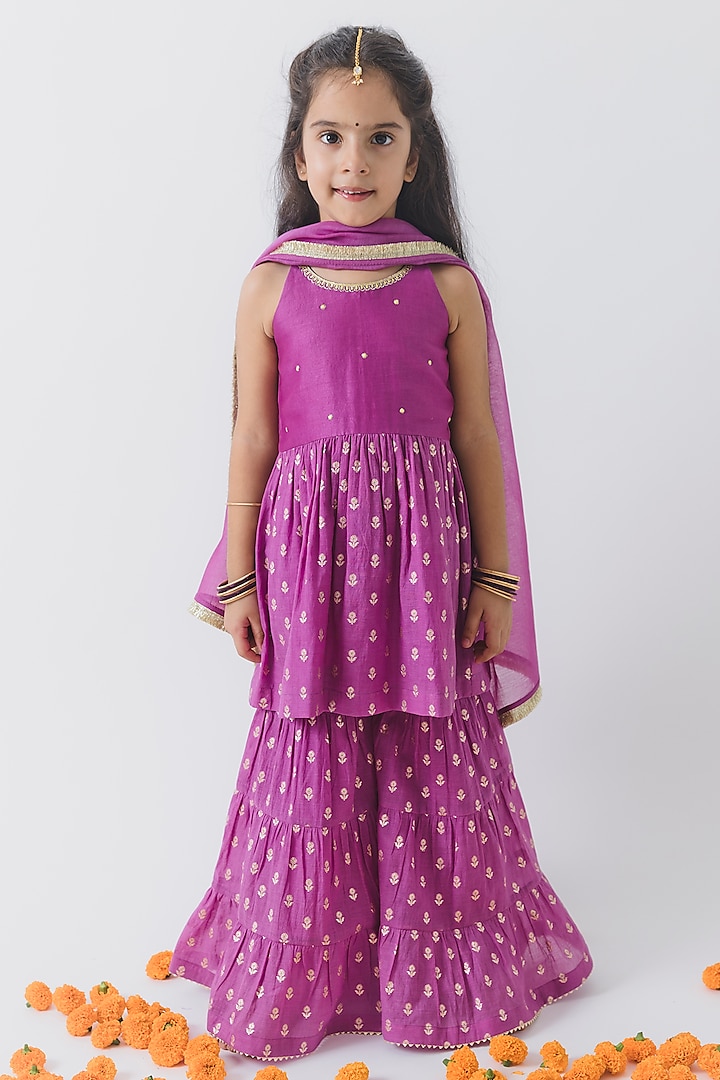 Purple Chanderi Silk Embroidered Sharara Set For Girls by Boteh