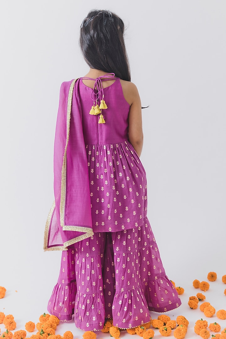 Purple Chanderi Silk Embroidered Sharara Set For Girls by Boteh at Pernia's Pop Up Shop