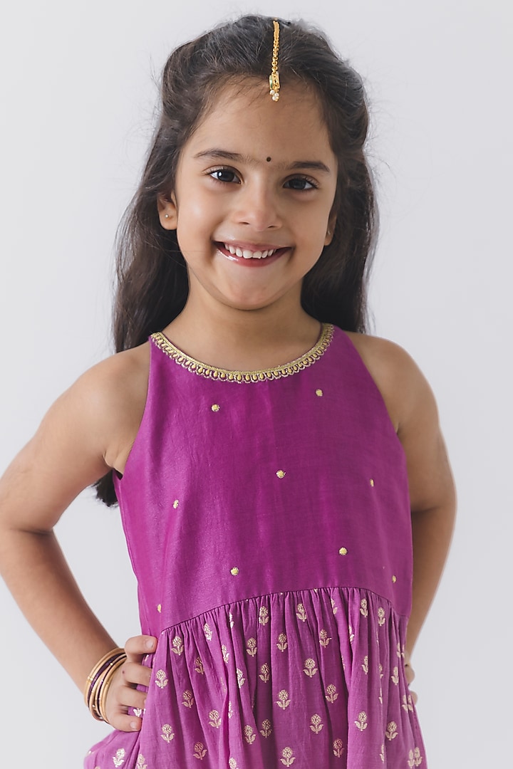 Purple Chanderi Silk Embroidered Sharara Set For Girls by Boteh at Pernia's Pop Up Shop