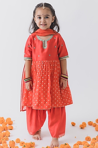 Orange Chanderi Silk Embroidered Kurta Set For Girls by Boteh