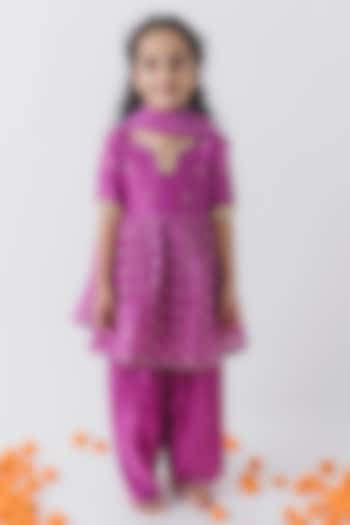 Purple Chanderi Silk Embroidered Kurta Set For Girls by Boteh at Pernia's Pop Up Shop