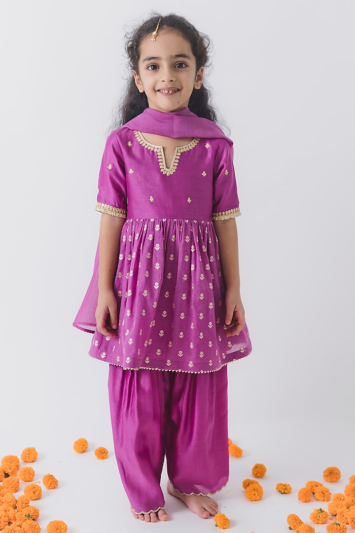 Purple Chanderi Silk Embroidered Kurta Set For Girls by Boteh at Pernia's Pop Up Shop