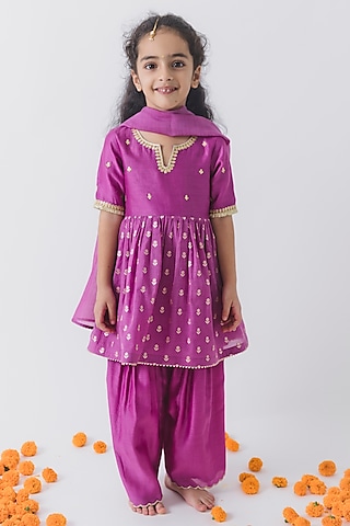 Purple Chanderi Silk Embroidered Kurta Set For Girls by Boteh