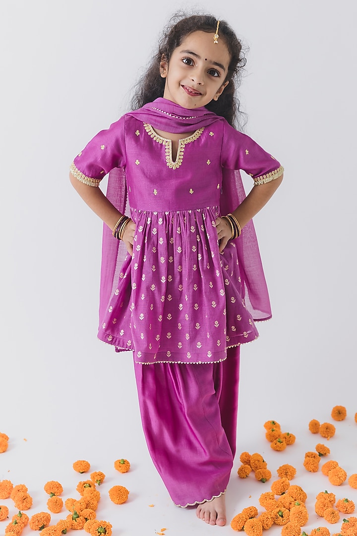 Purple Chanderi Silk Embroidered Kurta Set For Girls by Boteh at Pernia's Pop Up Shop