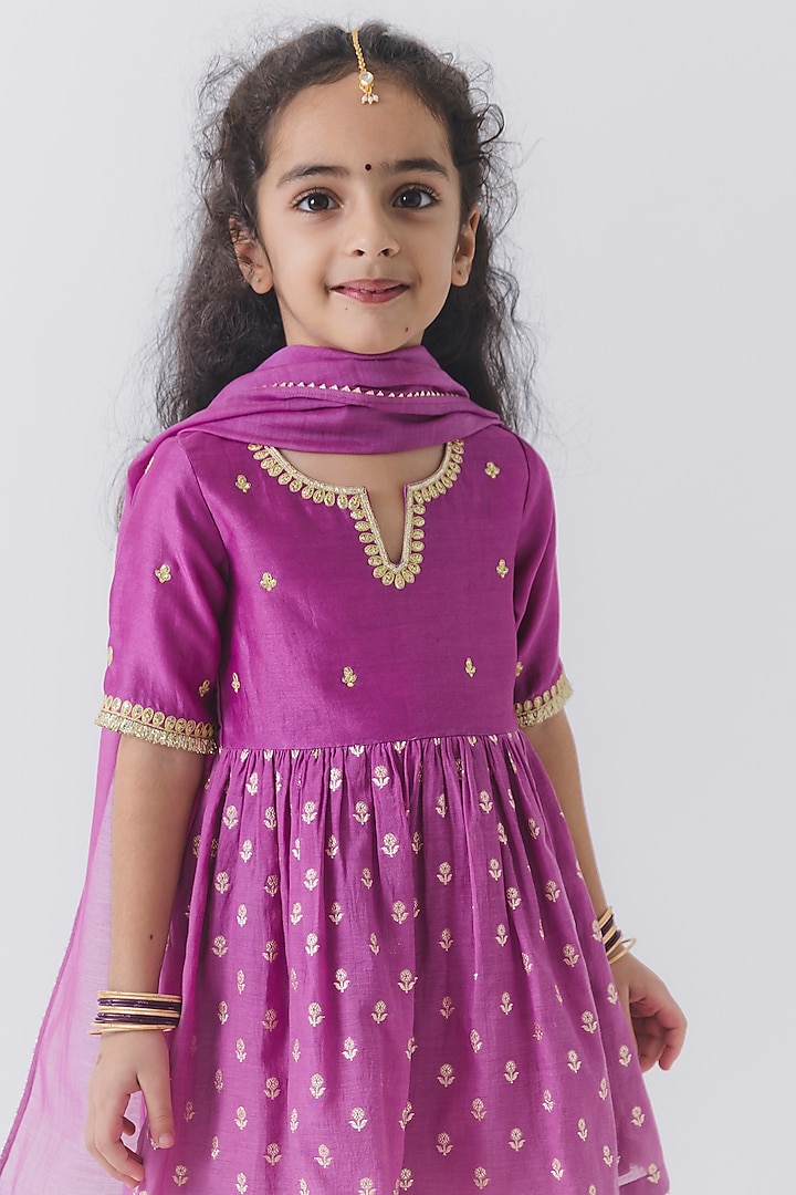 Purple Chanderi Silk Embroidered Kurta Set For Girls by Boteh at Pernia's Pop Up Shop
