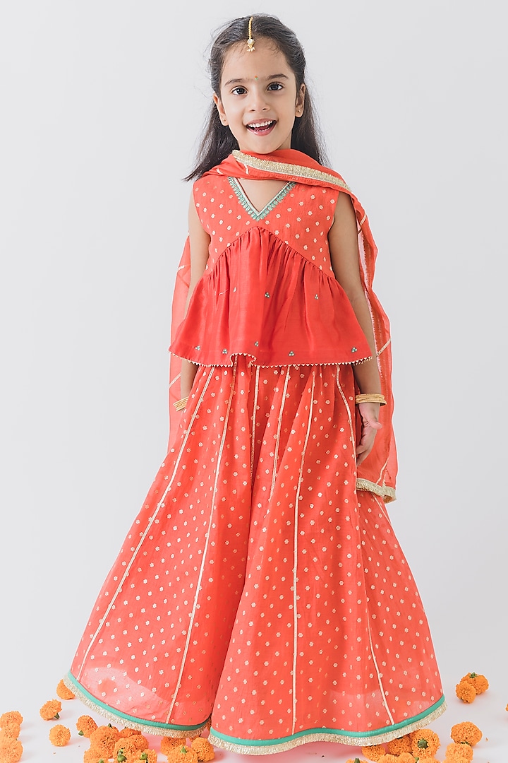 Orange Chanderi Silk Embroidered Lehenga Set For Girls by Boteh at Pernia's Pop Up Shop