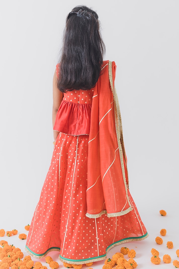 Orange Chanderi Silk Embroidered Lehenga Set For Girls by Boteh at Pernia's Pop Up Shop