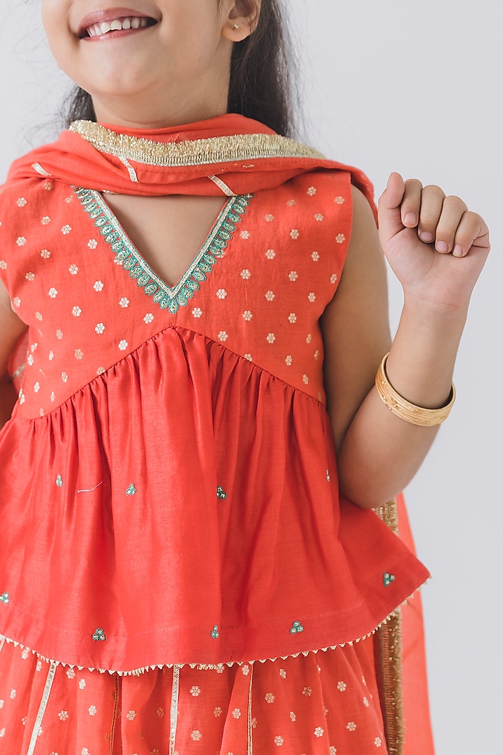 Orange Chanderi Silk Embroidered Lehenga Set For Girls by Boteh at Pernia's Pop Up Shop