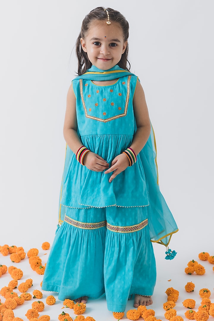 Blue Chanderi Silk Embroidered Sharara Set For Girls by Boteh at Pernia's Pop Up Shop