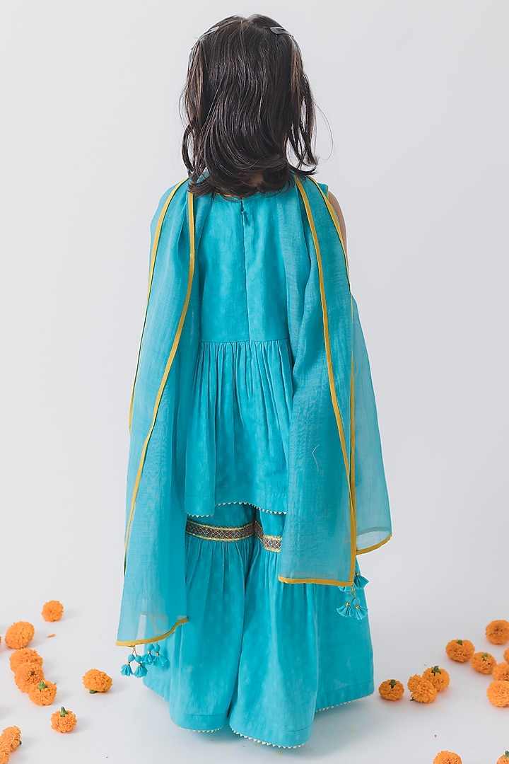 Blue Chanderi Silk Embroidered Sharara Set For Girls by Boteh at Pernia's Pop Up Shop