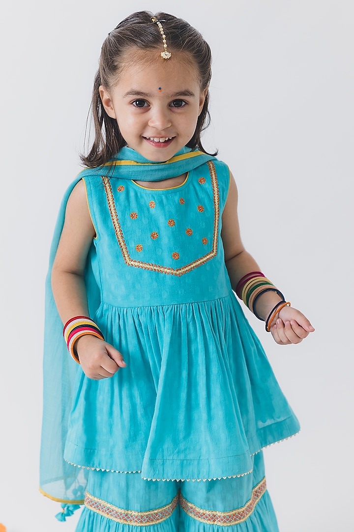Blue Chanderi Silk Embroidered Sharara Set For Girls by Boteh at Pernia's Pop Up Shop