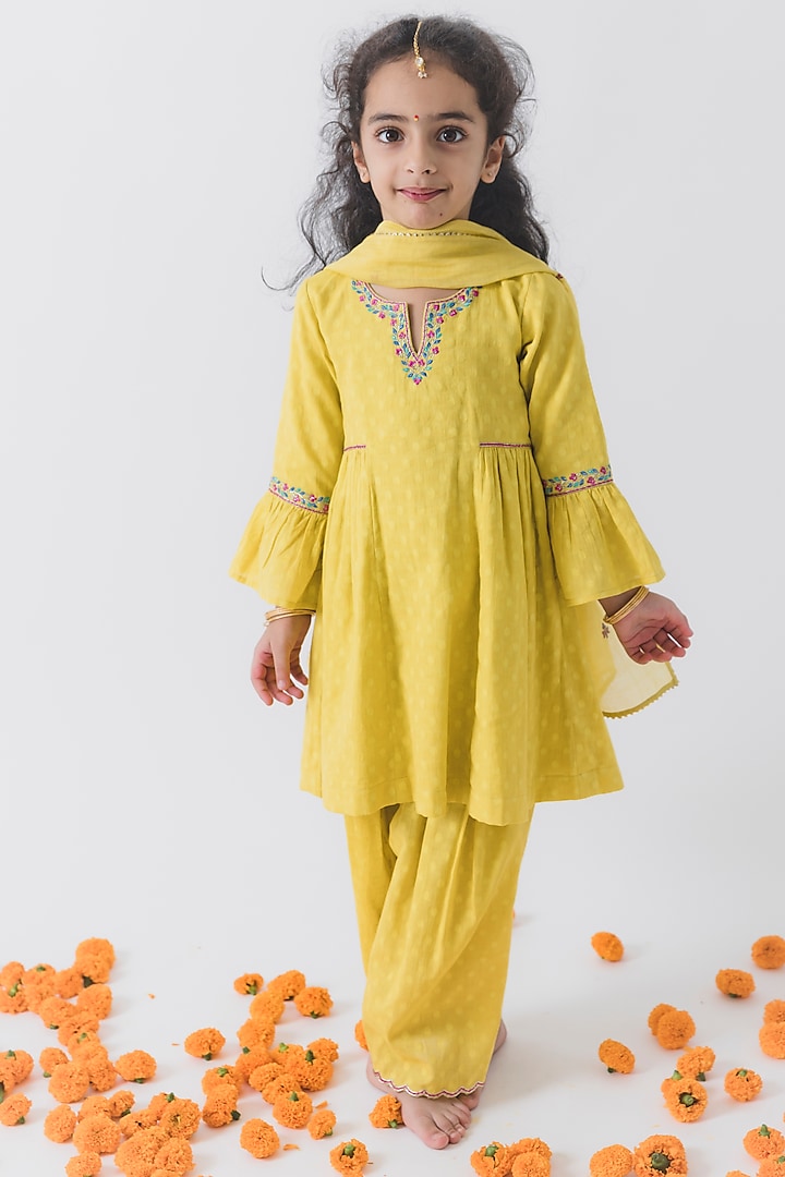 Yellow Chanderi Silk Embroidered Kurta Set For Girls by Boteh