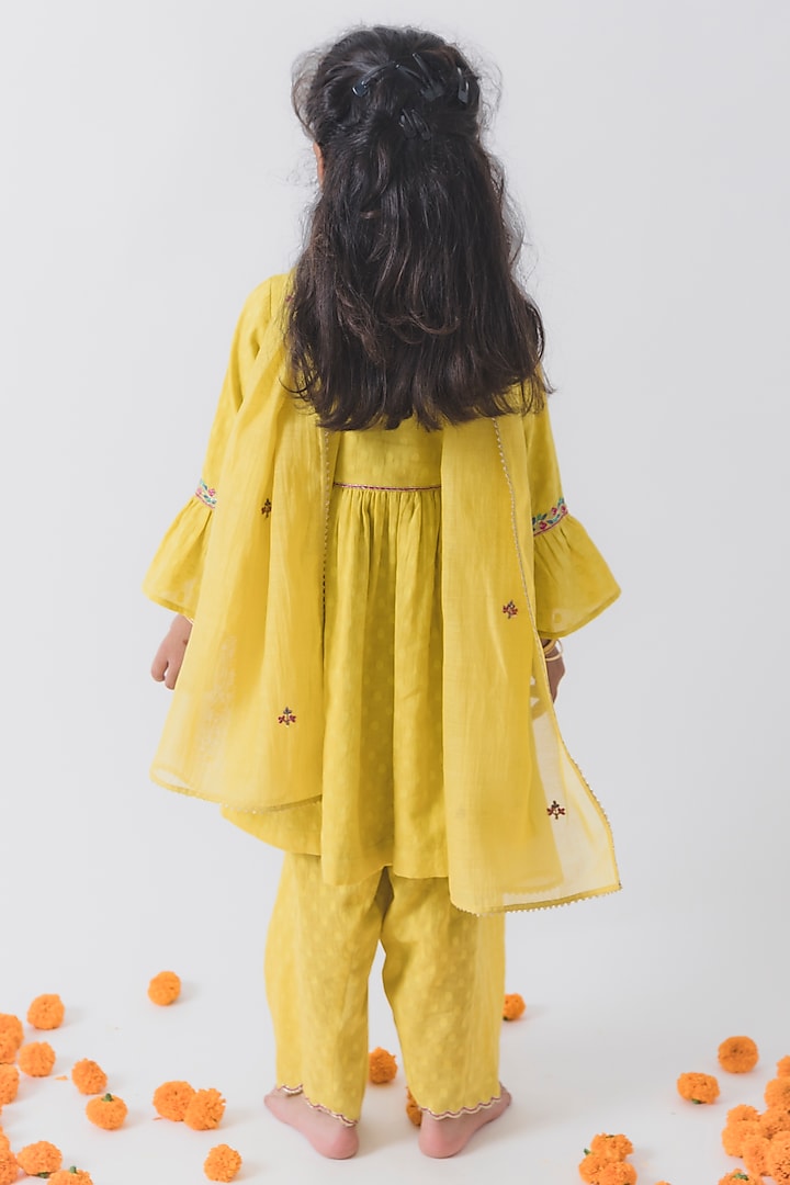 Yellow Chanderi Silk Embroidered Kurta Set For Girls by Boteh at Pernia's Pop Up Shop