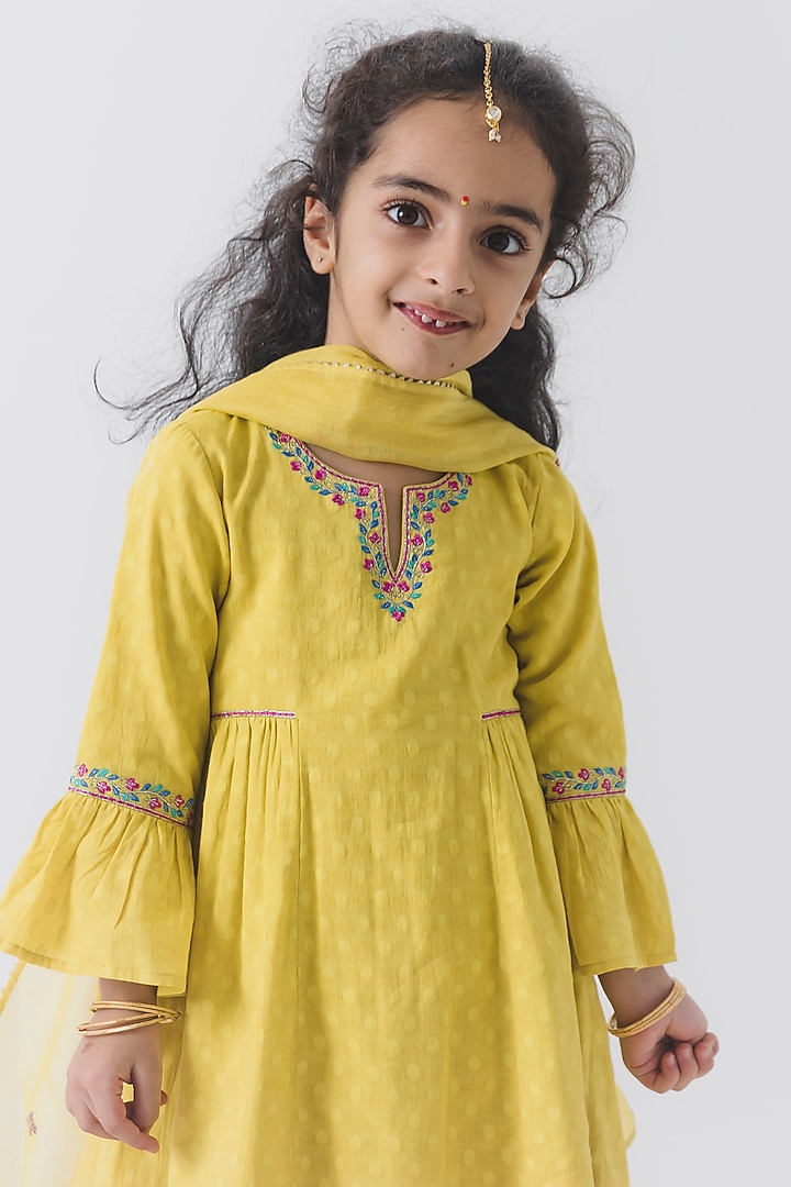 Yellow Chanderi Silk Embroidered Kurta Set For Girls by Boteh at Pernia's Pop Up Shop