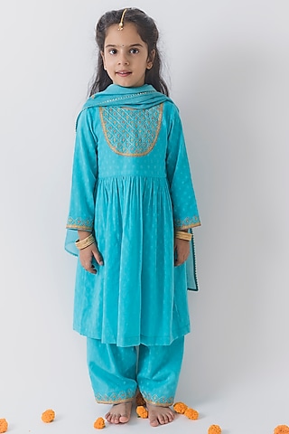Blue Chanderi Silk Embroidered Kurta Set For Girls by Boteh