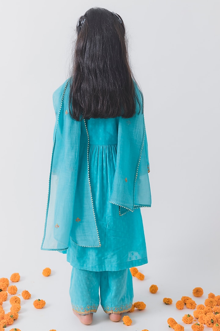Blue Chanderi Silk Embroidered Kurta Set For Girls by Boteh at Pernia's Pop Up Shop