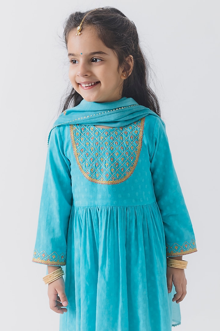 Blue Chanderi Silk Embroidered Kurta Set For Girls by Boteh at Pernia's Pop Up Shop