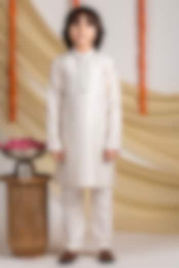 Ivory Cotton Silk Embroidered Kurta Set For Boys by Boteh at Pernia's Pop Up Shop