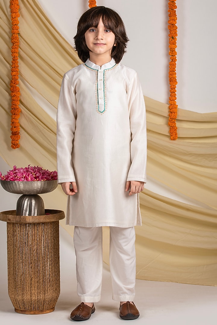 Ivory Cotton Silk Embroidered Kurta Set For Boys by Boteh at Pernia's Pop Up Shop