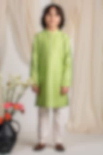 Green Cotton Silk Kurta Set For Boys by Boteh at Pernia's Pop Up Shop