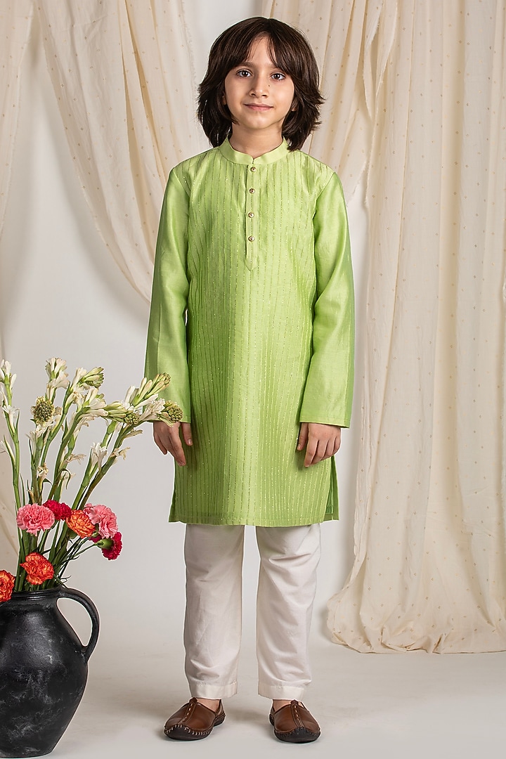 Green Cotton Silk Kurta Set For Boys by Boteh at Pernia's Pop Up Shop