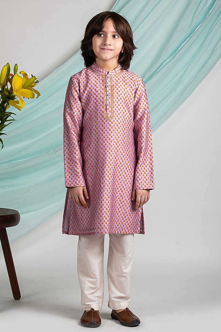 Lilac Cotton Silk Butta Printed Kurta Set For Boys by Boteh at Pernia's Pop Up Shop