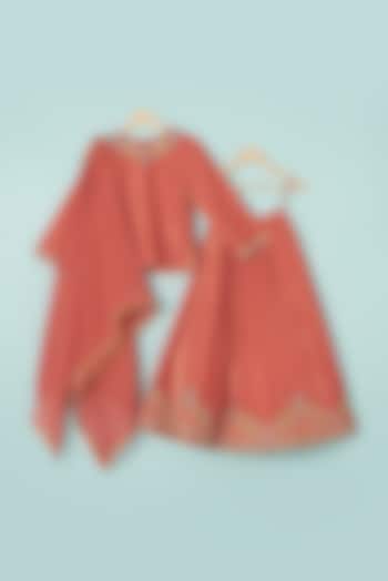 Orange Velvet Embroidered Lehenga Set For Girls by Boteh